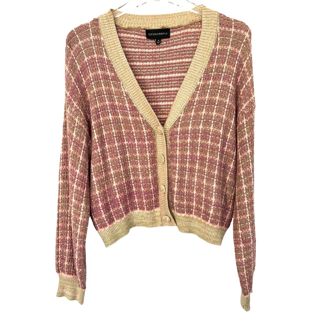 Cotton Candy LA Button Front Crop Knit V-Neck Cardigan Plaid Pink Green Medium